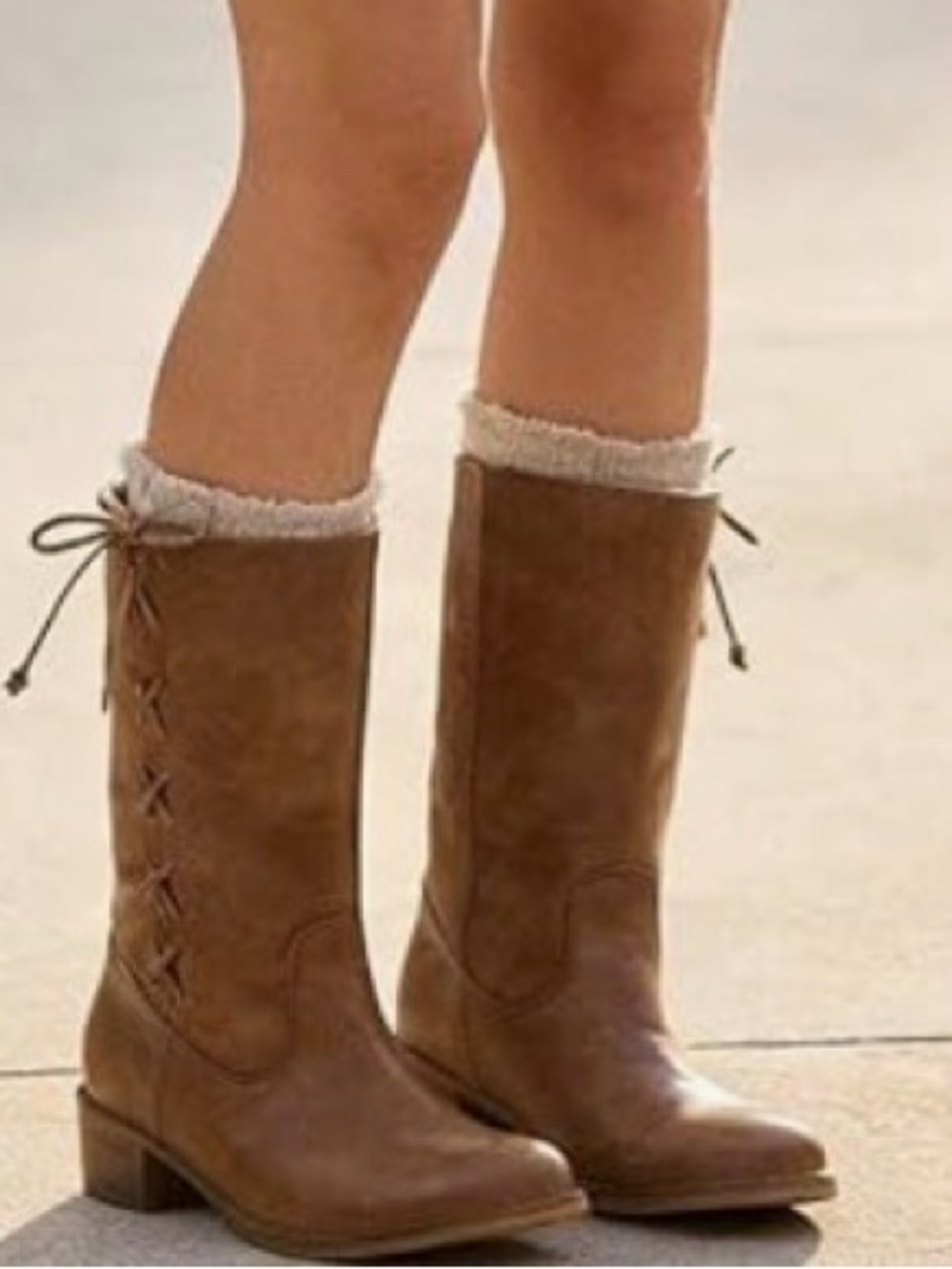 Amazon Tan Faux-Shearling Lace-Up mid calf Heeled Boots vegan